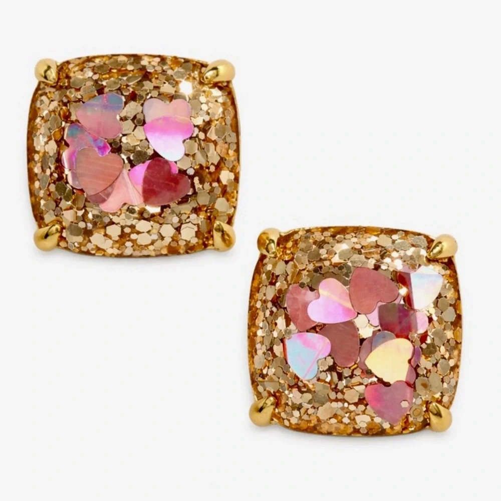 Kate Spade Gold Glitter Pink Heart Confetti Gold Tone Stud Earrings